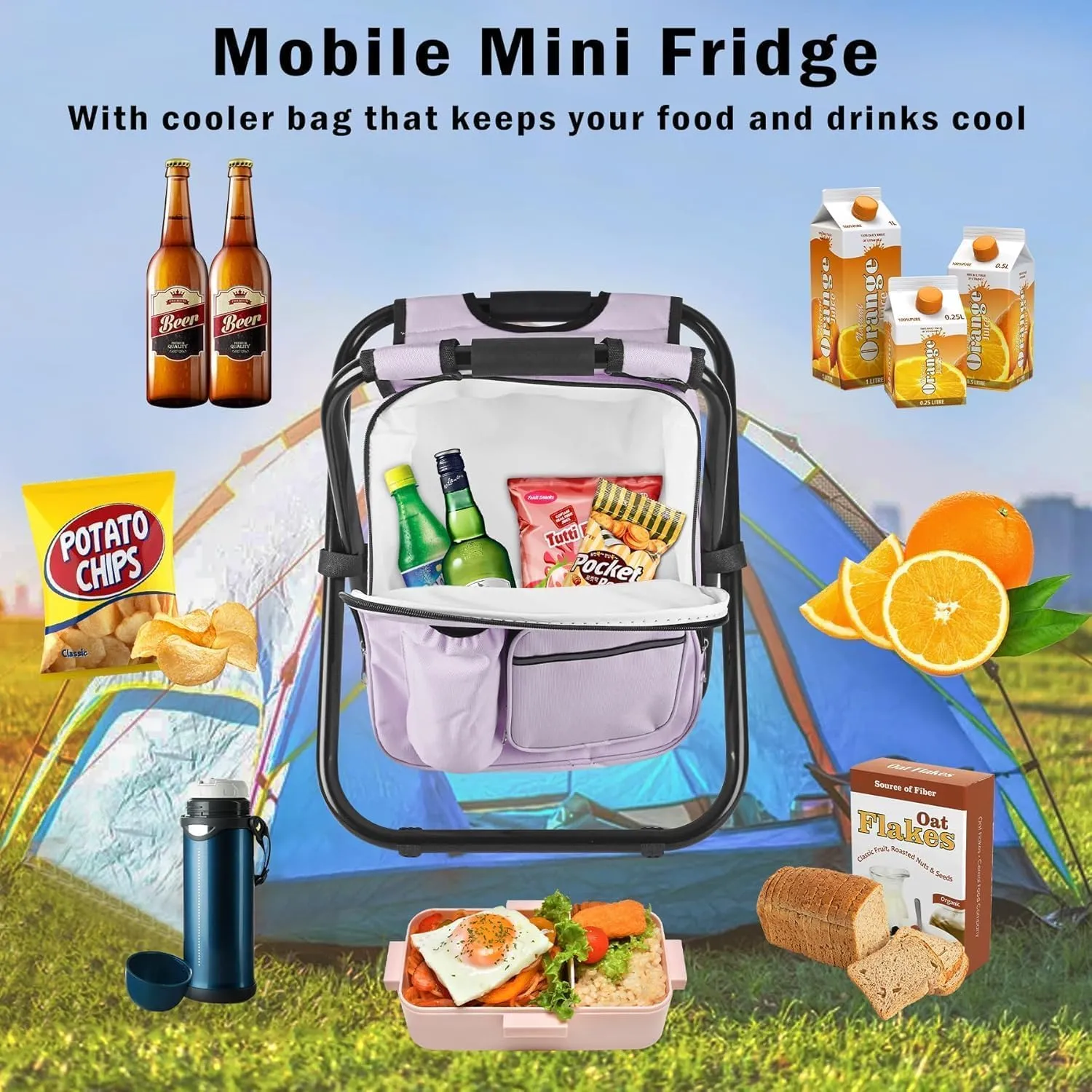 Out&About 3-in-1 Backpack Stool Cooler Chair, 400 LBS Max Load, Portable Folding Fishing Cooler Stool - Purple