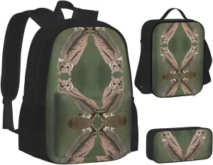 Owl Three-Piece Backpack Set With Pocket Backpack Cross-Body Lunch Bag Pen Bag For Travel Daypack