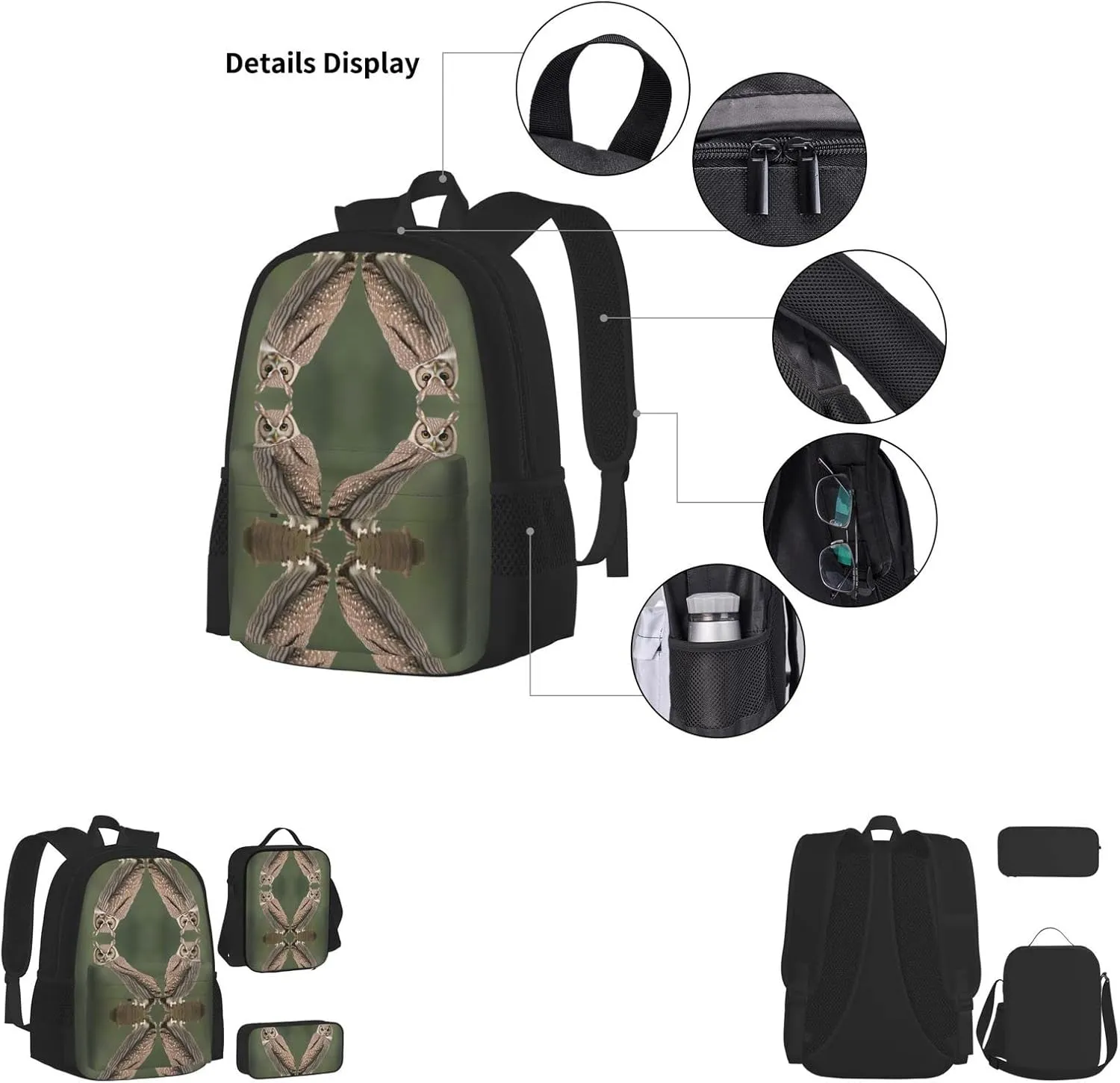Owl Three-Piece Backpack Set With Pocket Backpack Cross-Body Lunch Bag Pen Bag For Travel Daypack