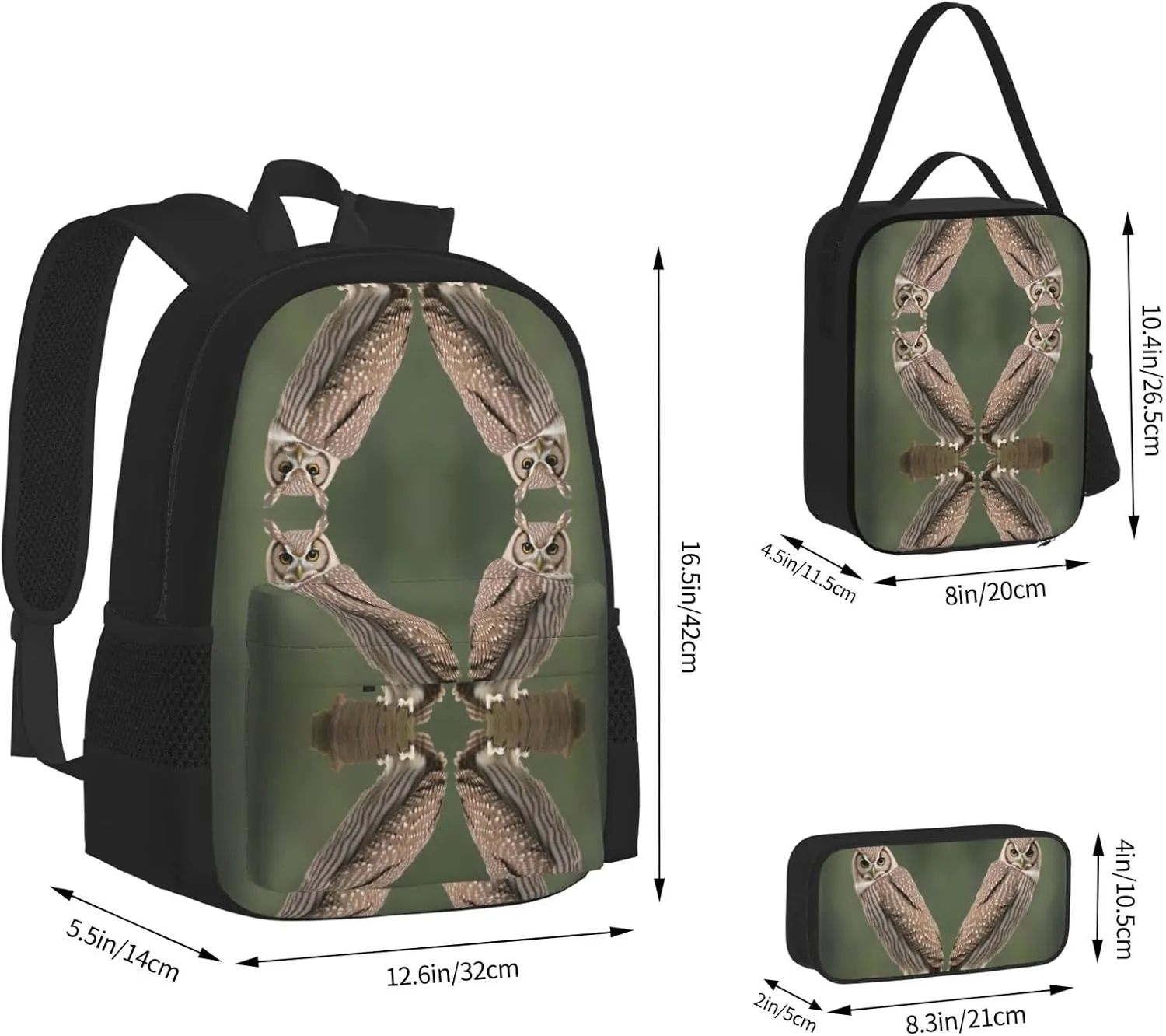 Owl Three-Piece Backpack Set With Pocket Backpack Cross-Body Lunch Bag Pen Bag For Travel Daypack