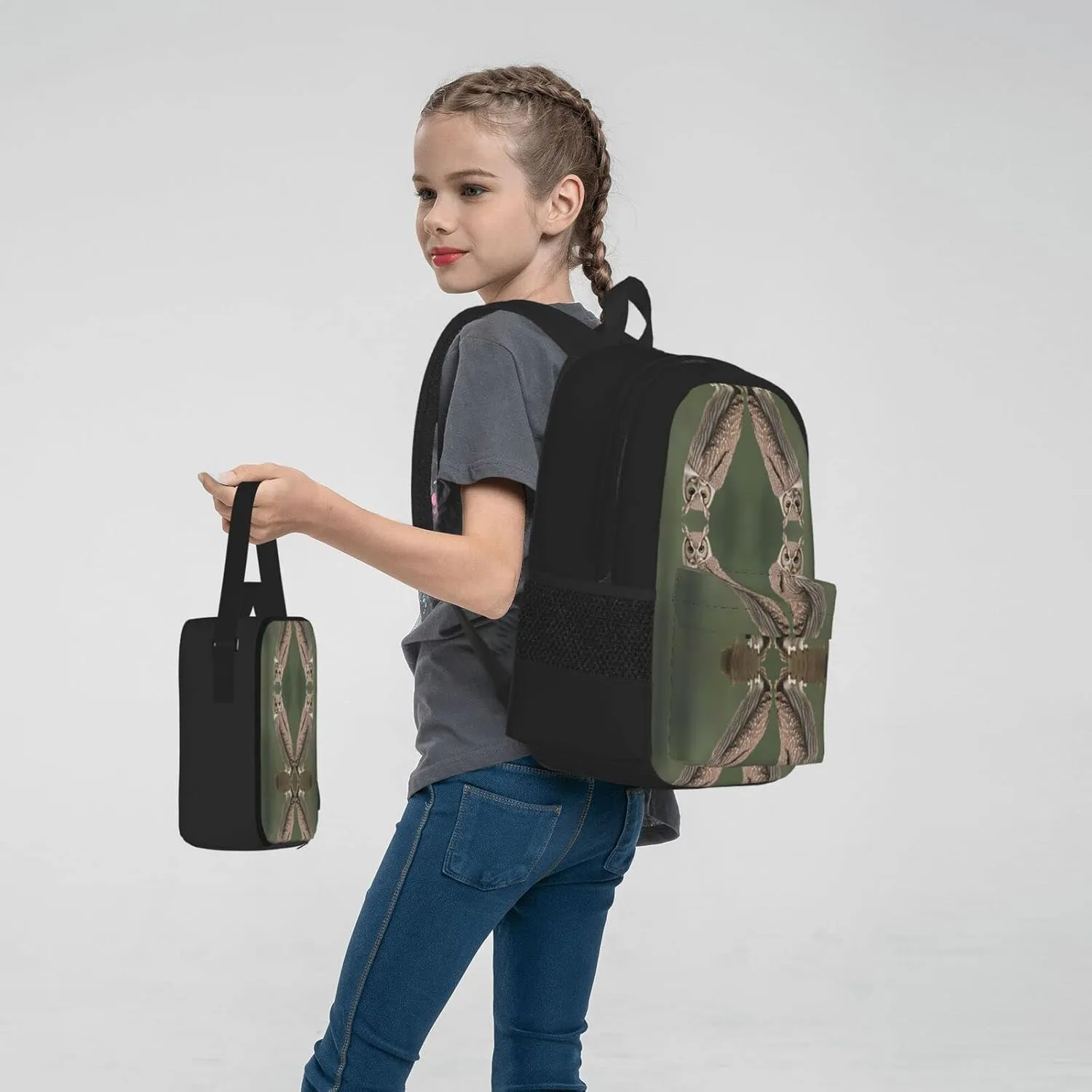 Owl Three-Piece Backpack Set With Pocket Backpack Cross-Body Lunch Bag Pen Bag For Travel Daypack