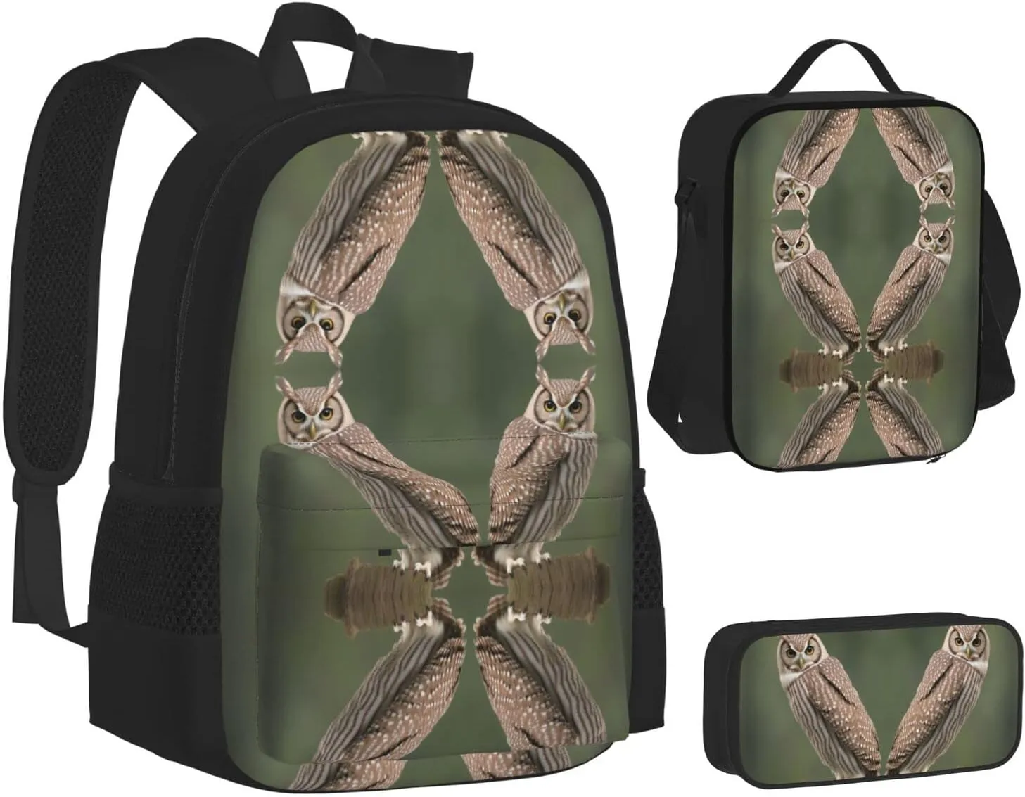 Owl Three-Piece Backpack Set With Pocket Backpack Cross-Body Lunch Bag Pen Bag For Travel Daypack