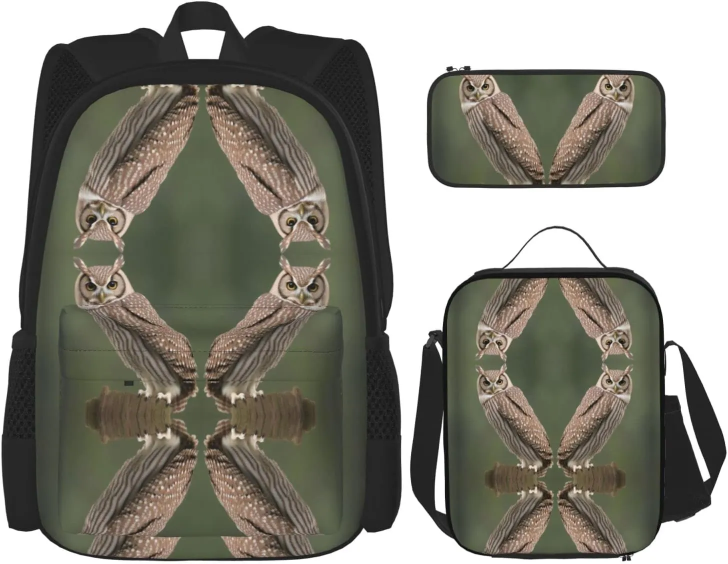 Owl Three-Piece Backpack Set With Pocket Backpack Cross-Body Lunch Bag Pen Bag For Travel Daypack