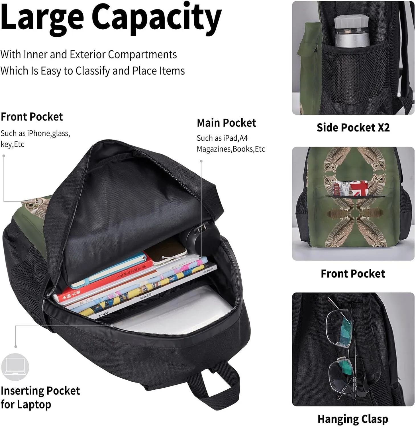 Owl Three-Piece Backpack Set With Pocket Backpack Cross-Body Lunch Bag Pen Bag For Travel Daypack