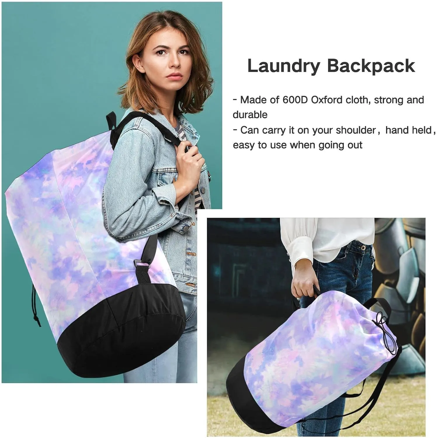 Oyihfvs Abstract Floral Pastel Purple Pink Tie Dye Print Backpack Laundry Bag, Laundry Backpack with Shoulder Straps, Waterproof Nylon Clothes Hamper Bag for Men Women Yoga Backpack