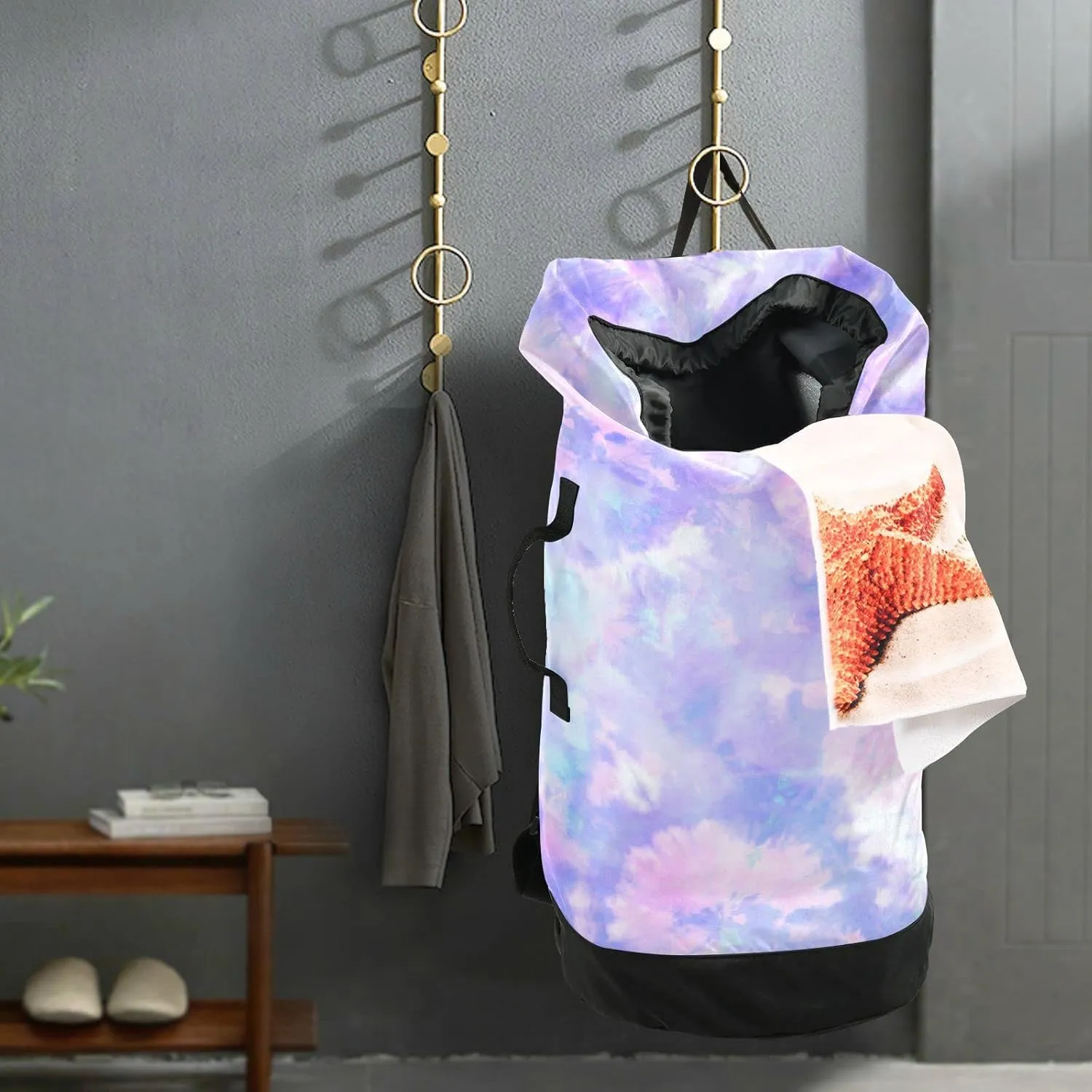 Oyihfvs Abstract Floral Pastel Purple Pink Tie Dye Print Backpack Laundry Bag, Laundry Backpack with Shoulder Straps, Waterproof Nylon Clothes Hamper Bag for Men Women Yoga Backpack