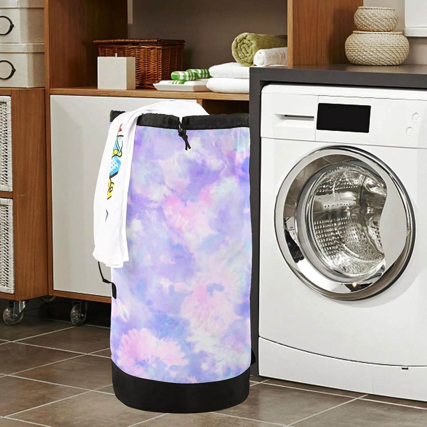 Oyihfvs Abstract Floral Pastel Purple Pink Tie Dye Print Backpack Laundry Bag, Laundry Backpack with Shoulder Straps, Waterproof Nylon Clothes Hamper Bag for Men Women Yoga Backpack