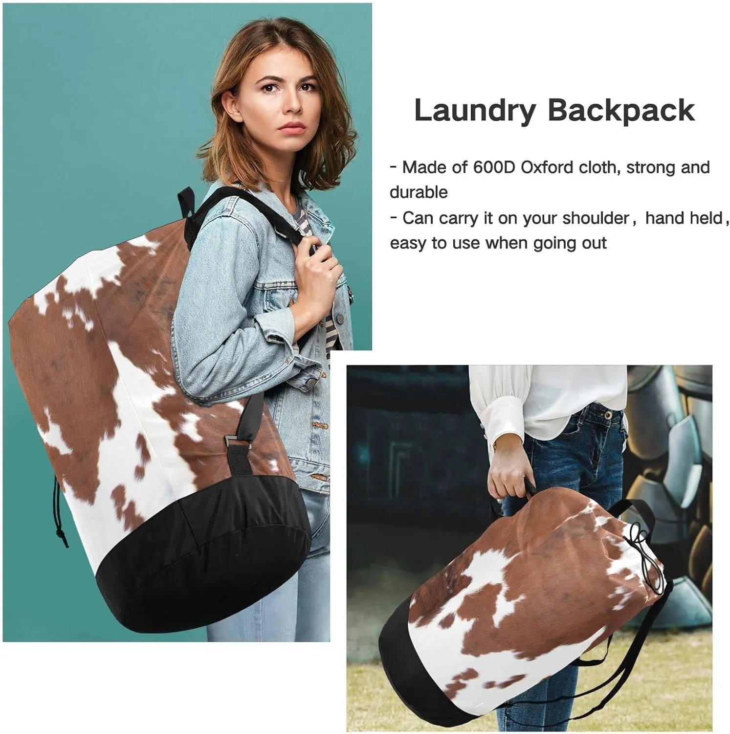 Oyihfvs Brown Cow Fur Skin Animal Texture on White Backpack Laundry Bag, Laundry Backpack with Shoulder Straps, Waterproof Nylon Clothes Hamper Bag for Men Women Yoga Backpack