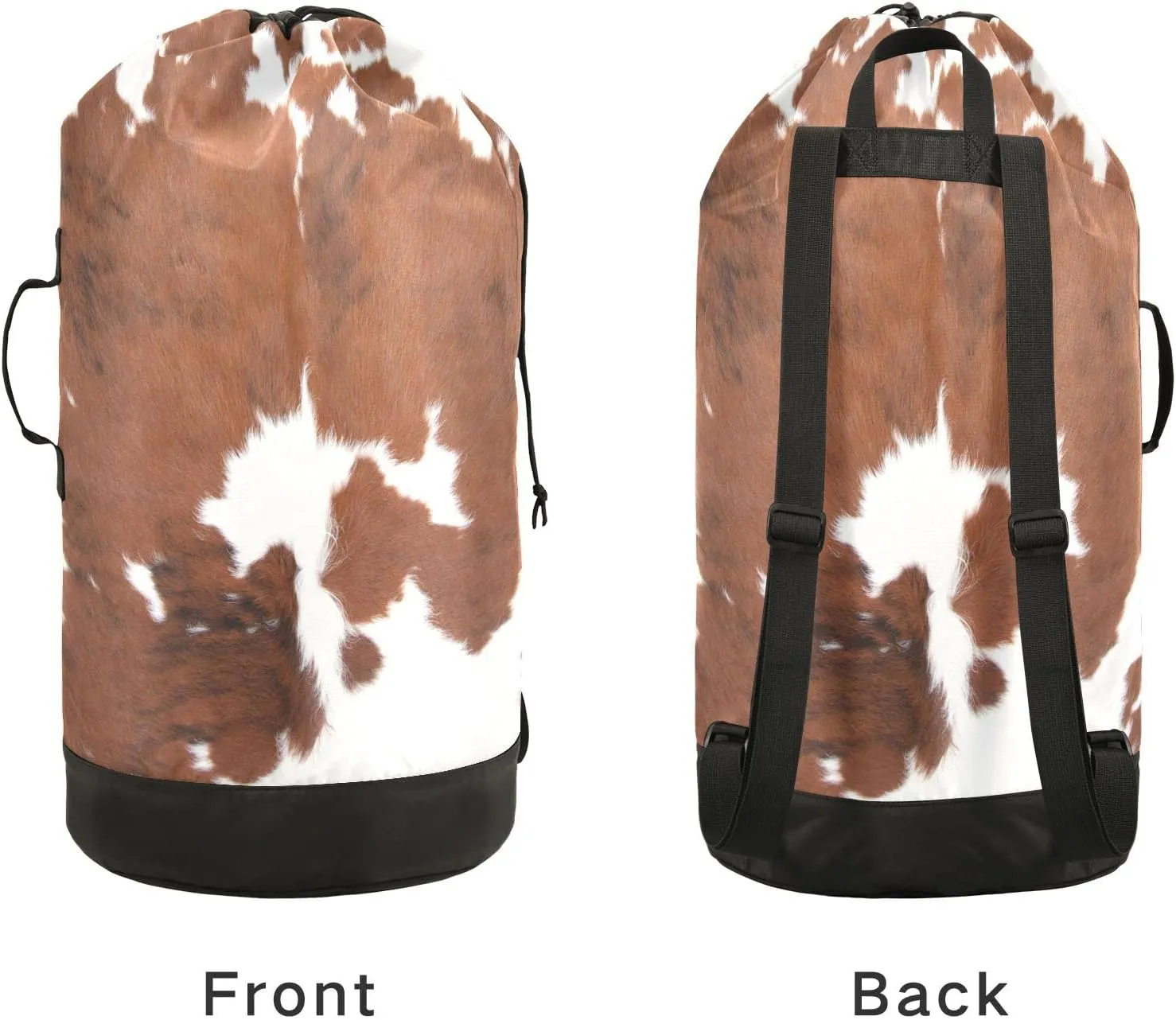 Oyihfvs Brown Cow Fur Skin Animal Texture on White Backpack Laundry Bag, Laundry Backpack with Shoulder Straps, Waterproof Nylon Clothes Hamper Bag for Men Women Yoga Backpack