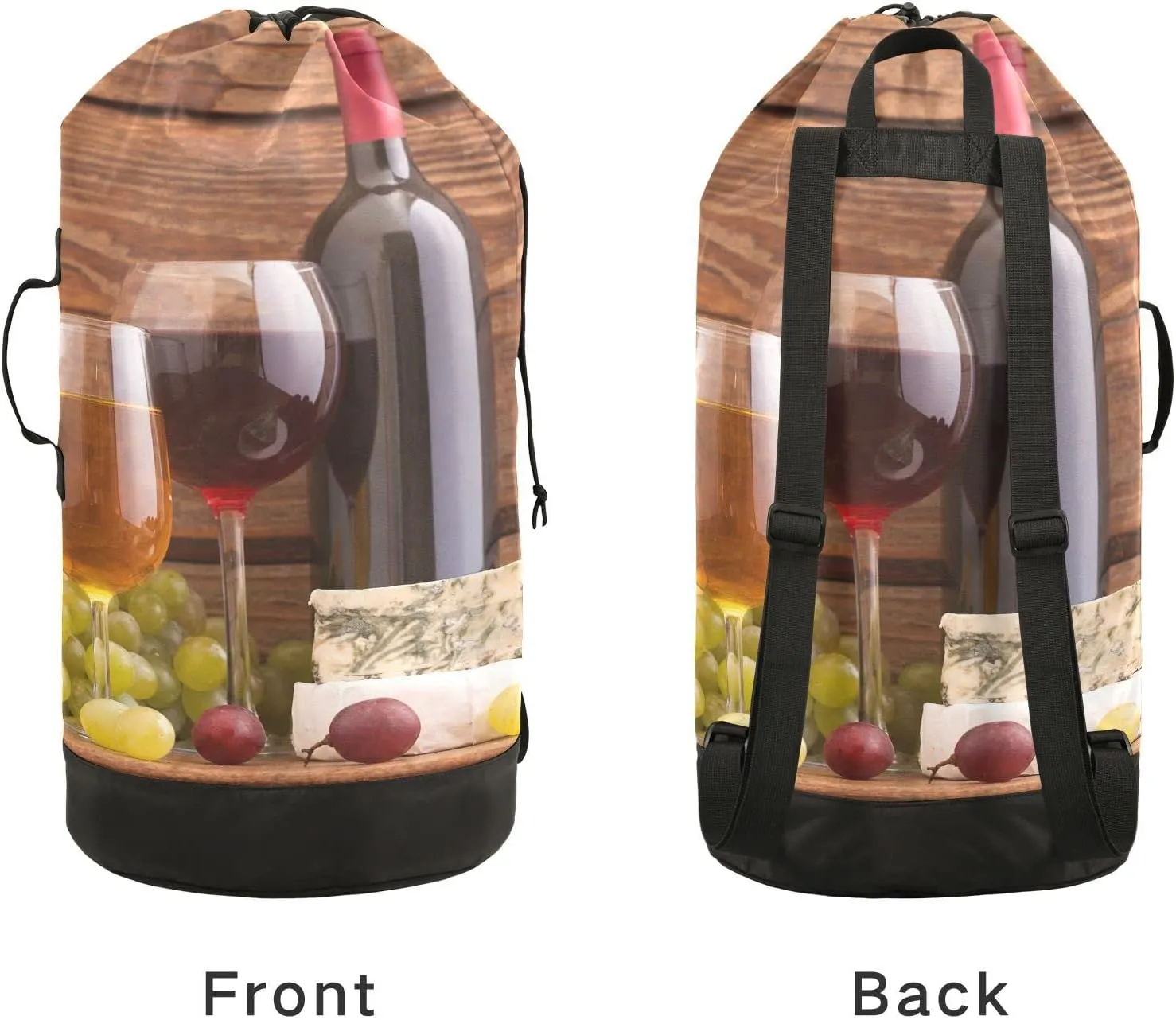 Oyihfvs Cheese, Grapes and Wine Bottles Wines on Wooden Table Retro Style Backpack Laundry Bag, Laundry Backpack with Shoulder Straps, Waterproof Nylon Clothes Hamper Bag for Men Women Yoga Backpack