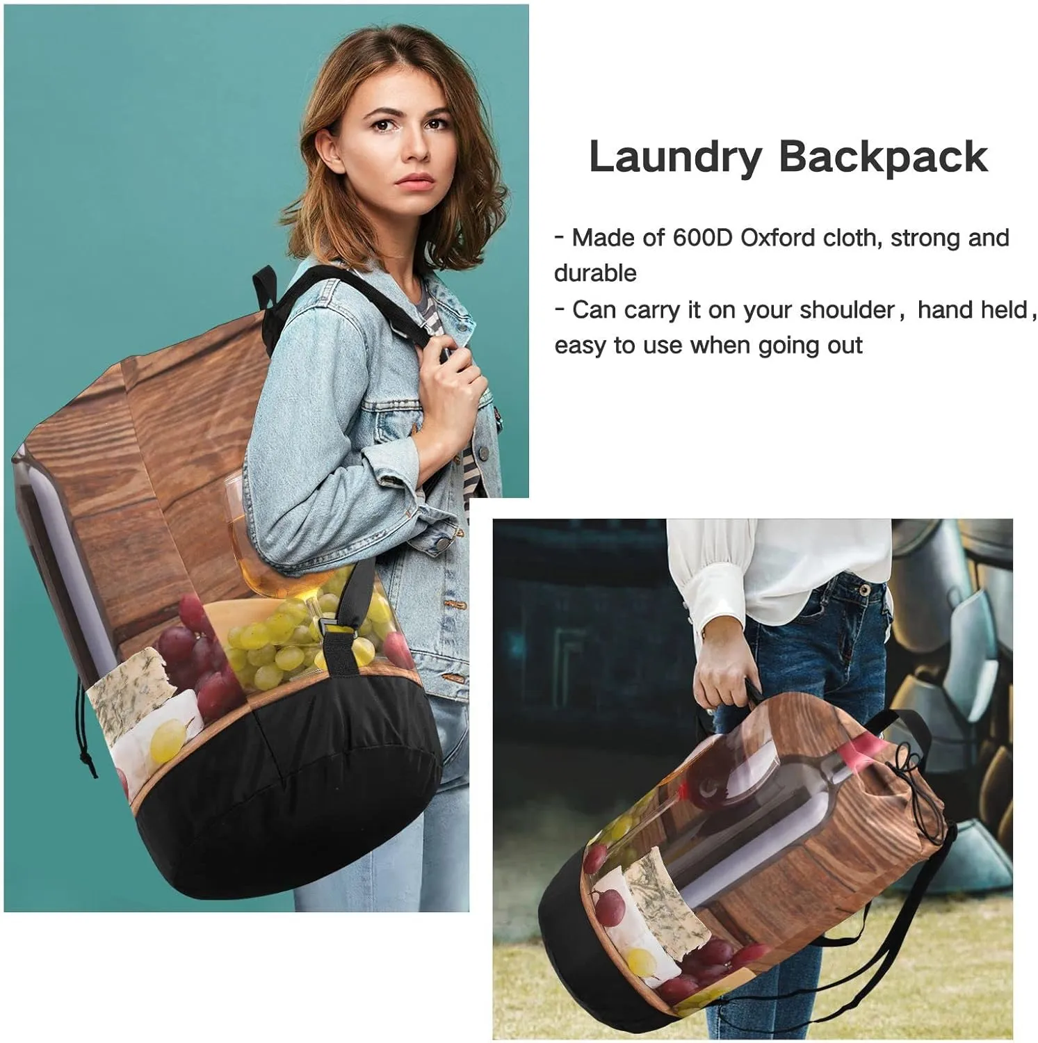 Oyihfvs Cheese, Grapes and Wine Bottles Wines on Wooden Table Retro Style Backpack Laundry Bag, Laundry Backpack with Shoulder Straps, Waterproof Nylon Clothes Hamper Bag for Men Women Yoga Backpack