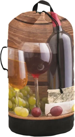 Oyihfvs Cheese, Grapes and Wine Bottles Wines on Wooden Table Retro Style Backpack Laundry Bag, Laundry Backpack with Shoulder Straps, Waterproof Nylon Clothes Hamper Bag for Men Women Yoga Backpack
