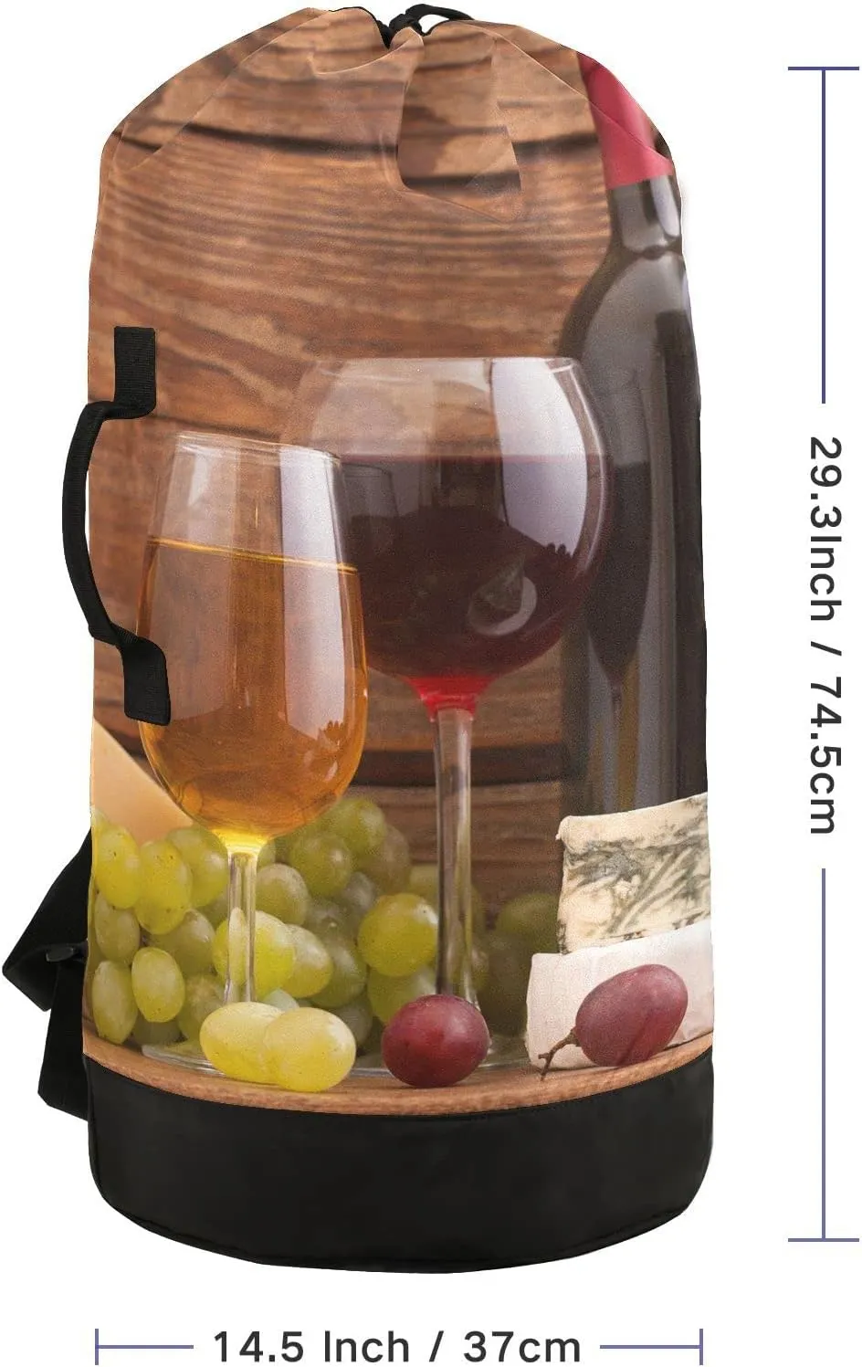 Oyihfvs Cheese, Grapes and Wine Bottles Wines on Wooden Table Retro Style Backpack Laundry Bag, Laundry Backpack with Shoulder Straps, Waterproof Nylon Clothes Hamper Bag for Men Women Yoga Backpack