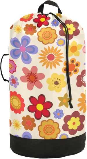 Oyihfvs Colorful Vintage Flowers in 1960s, 1970s Backpack Laundry Bag, Laundry Backpack with Shoulder Straps, Waterproof Nylon Clothes Hamper Bag for Men Women Yoga Backpack