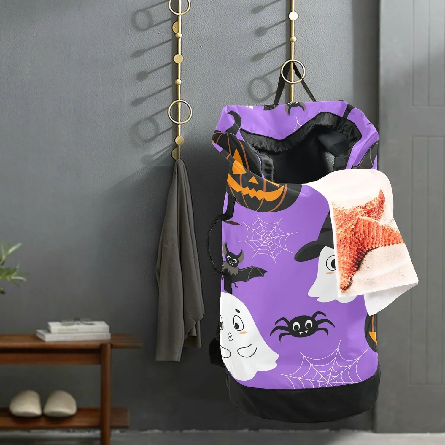 Oyihfvs Halloween Pumpkins Bats Spider Web White Ghosts on Purple Backpack Laundry Bag, Laundry Backpack with Shoulder Straps, Waterproof Nylon Clothes Hamper Bag for Men Women Yoga Backpack