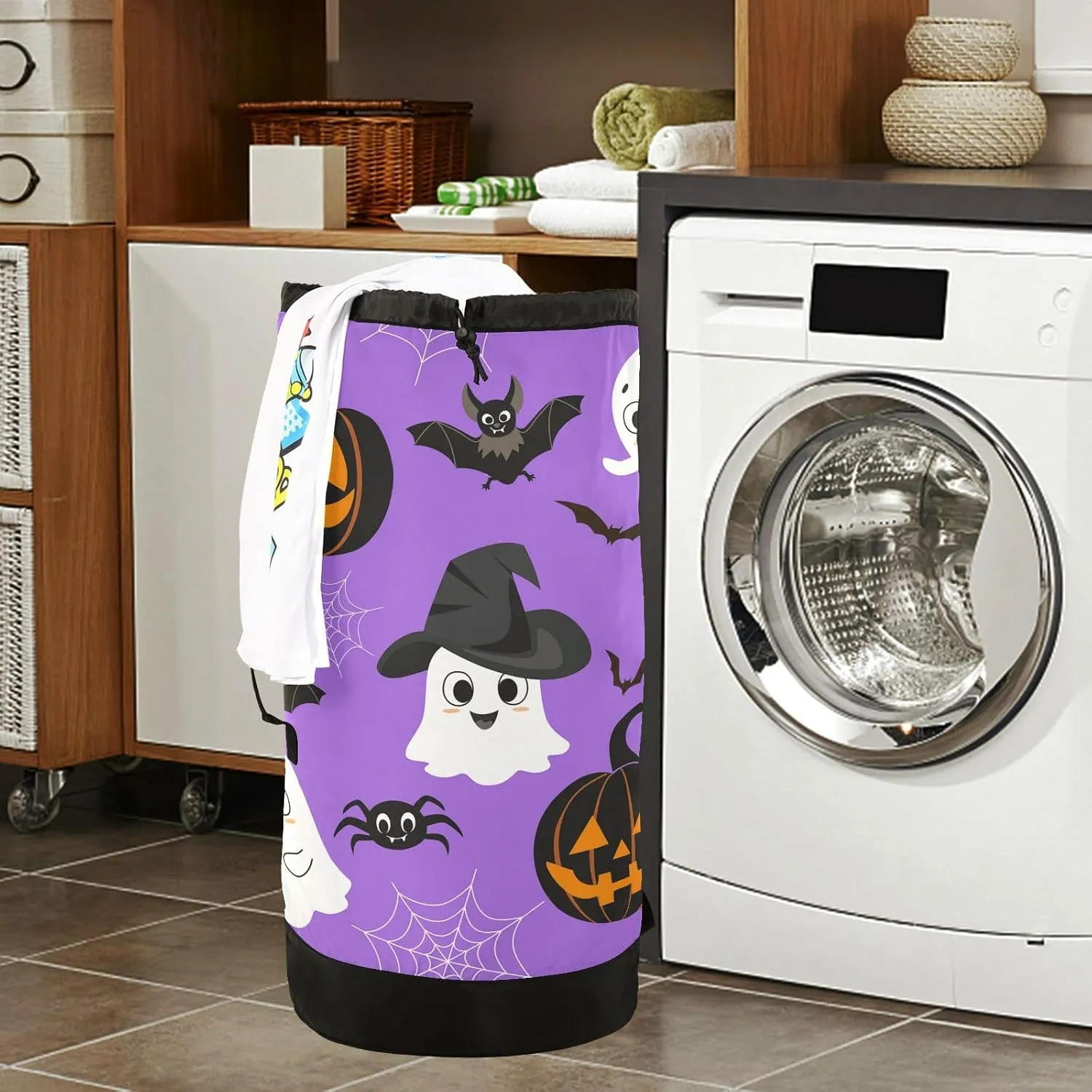 Oyihfvs Halloween Pumpkins Bats Spider Web White Ghosts on Purple Backpack Laundry Bag, Laundry Backpack with Shoulder Straps, Waterproof Nylon Clothes Hamper Bag for Men Women Yoga Backpack
