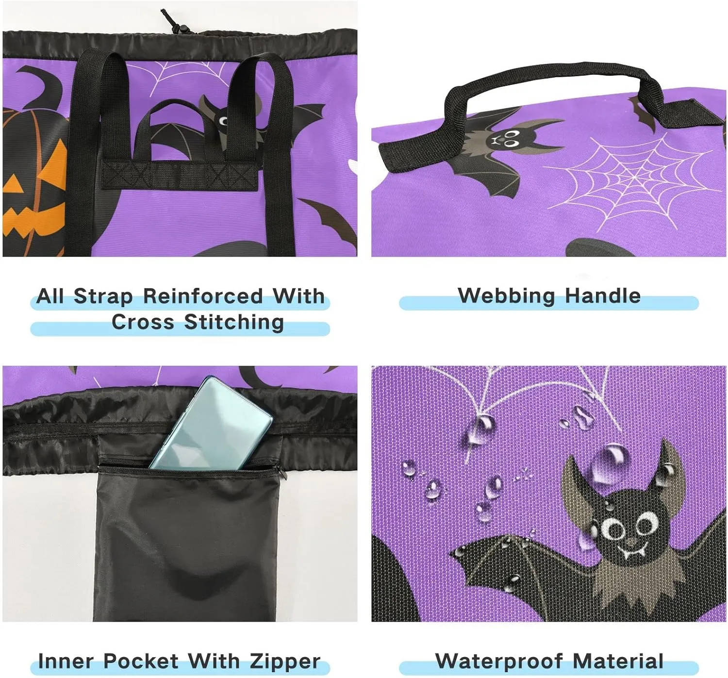 Oyihfvs Halloween Pumpkins Bats Spider Web White Ghosts on Purple Backpack Laundry Bag, Laundry Backpack with Shoulder Straps, Waterproof Nylon Clothes Hamper Bag for Men Women Yoga Backpack