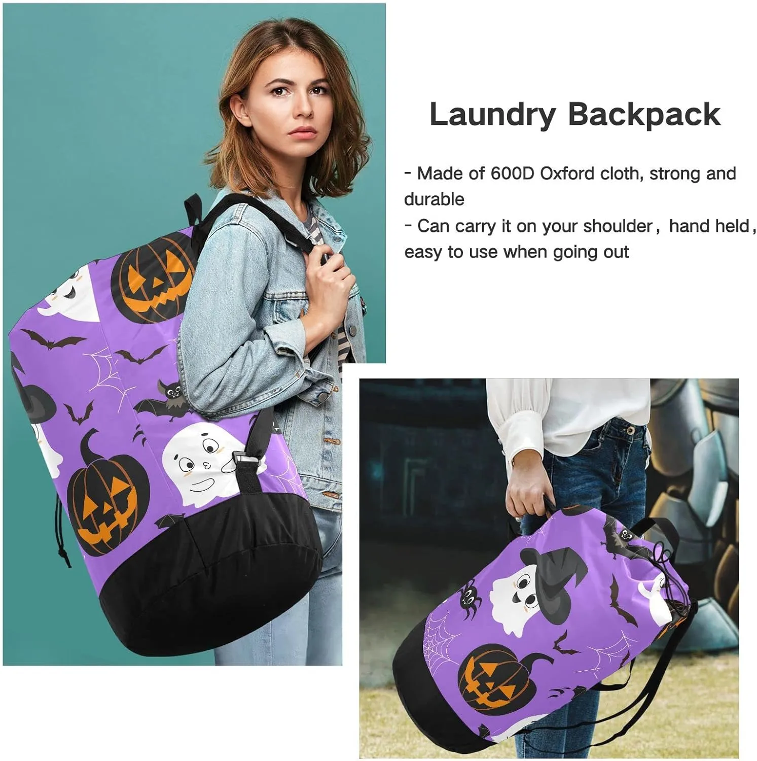 Oyihfvs Halloween Pumpkins Bats Spider Web White Ghosts on Purple Backpack Laundry Bag, Laundry Backpack with Shoulder Straps, Waterproof Nylon Clothes Hamper Bag for Men Women Yoga Backpack