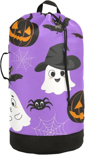 Oyihfvs Halloween Pumpkins Bats Spider Web White Ghosts on Purple Backpack Laundry Bag, Laundry Backpack with Shoulder Straps, Waterproof Nylon Clothes Hamper Bag for Men Women Yoga Backpack