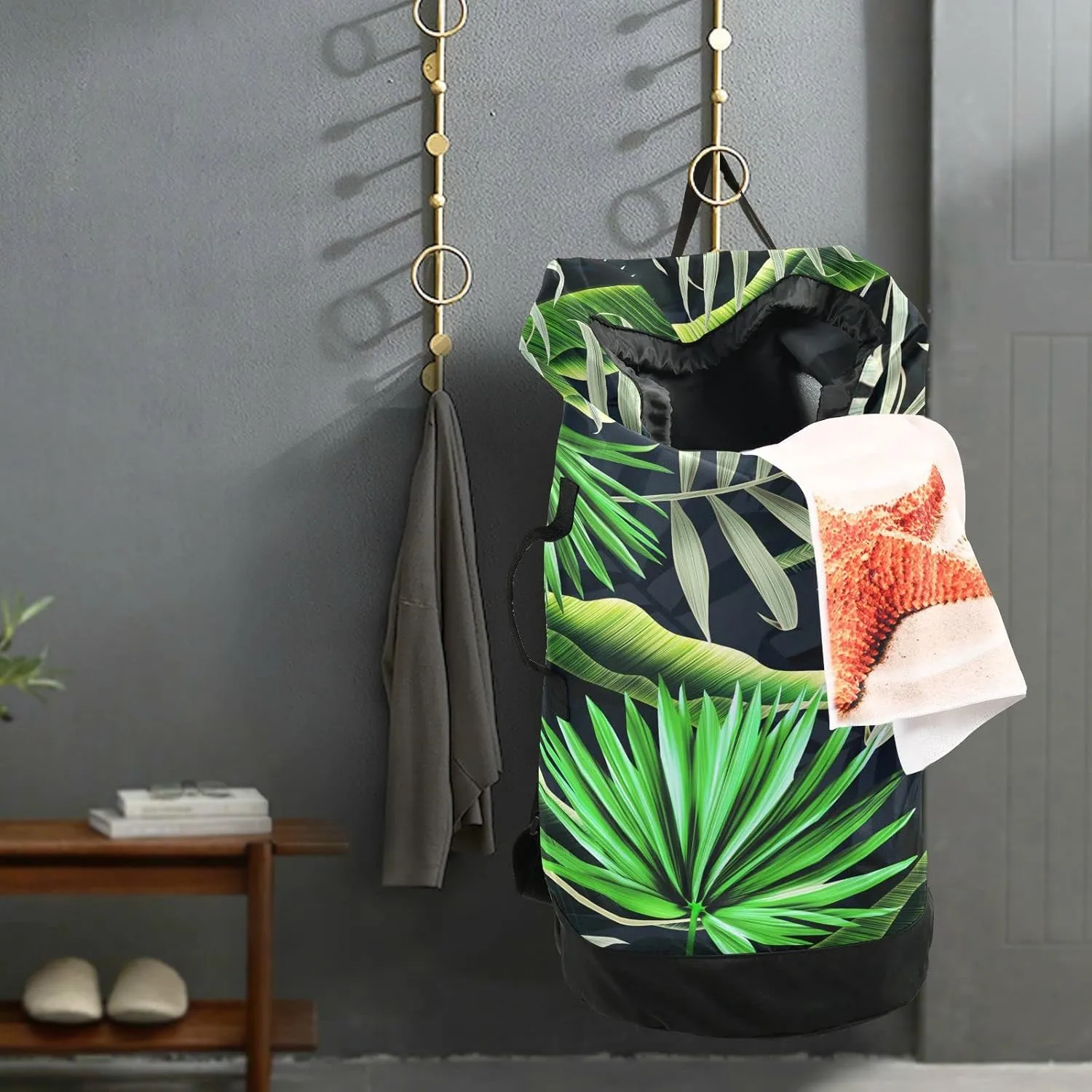 Oyihfvs Seamless Green Tropical Plant and Leaf Retro Botanical Style Backpack Laundry Bag, Laundry Backpack with Shoulder Straps, Waterproof Nylon Clothes Hamper Bag for Men Women Yoga Backpack