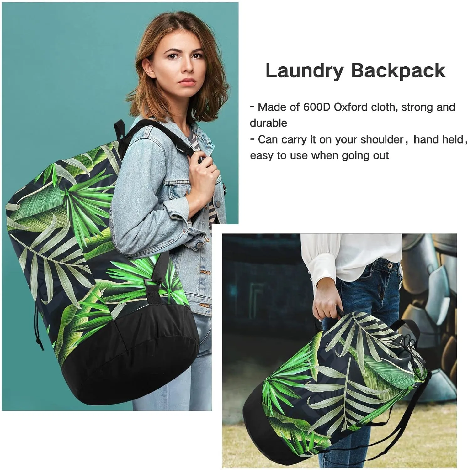Oyihfvs Seamless Green Tropical Plant and Leaf Retro Botanical Style Backpack Laundry Bag, Laundry Backpack with Shoulder Straps, Waterproof Nylon Clothes Hamper Bag for Men Women Yoga Backpack
