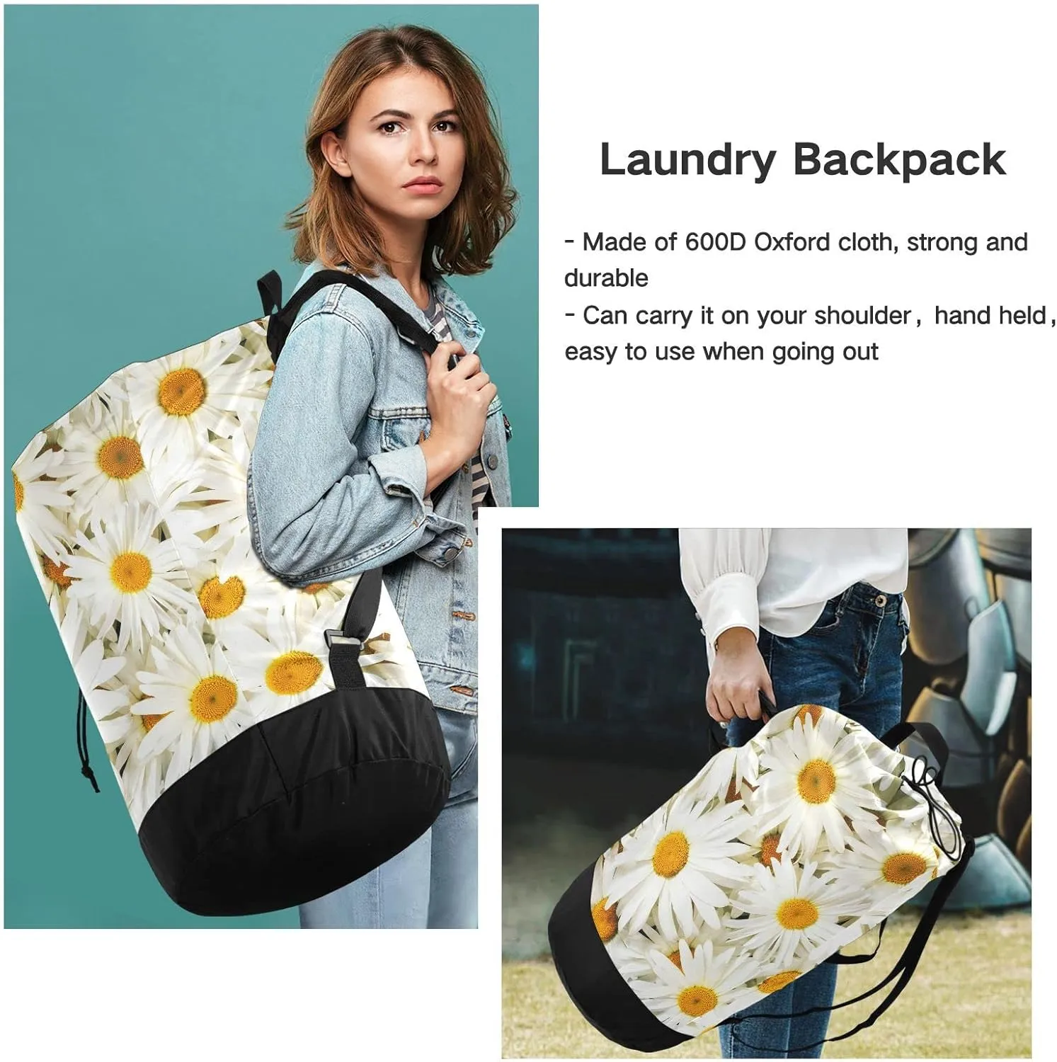 Oyihfvs Seamless White Daisy Flowers Texture Backpack Laundry Bag, Laundry Backpack with Shoulder Straps, Waterproof Nylon Clothes Hamper Bag for Men Women Yoga Backpack