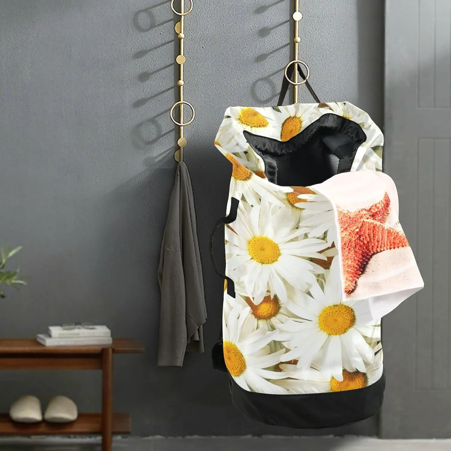 Oyihfvs Seamless White Daisy Flowers Texture Backpack Laundry Bag, Laundry Backpack with Shoulder Straps, Waterproof Nylon Clothes Hamper Bag for Men Women Yoga Backpack