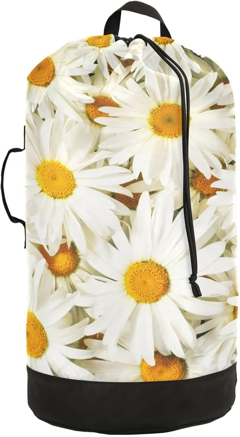 Oyihfvs Seamless White Daisy Flowers Texture Backpack Laundry Bag, Laundry Backpack with Shoulder Straps, Waterproof Nylon Clothes Hamper Bag for Men Women Yoga Backpack