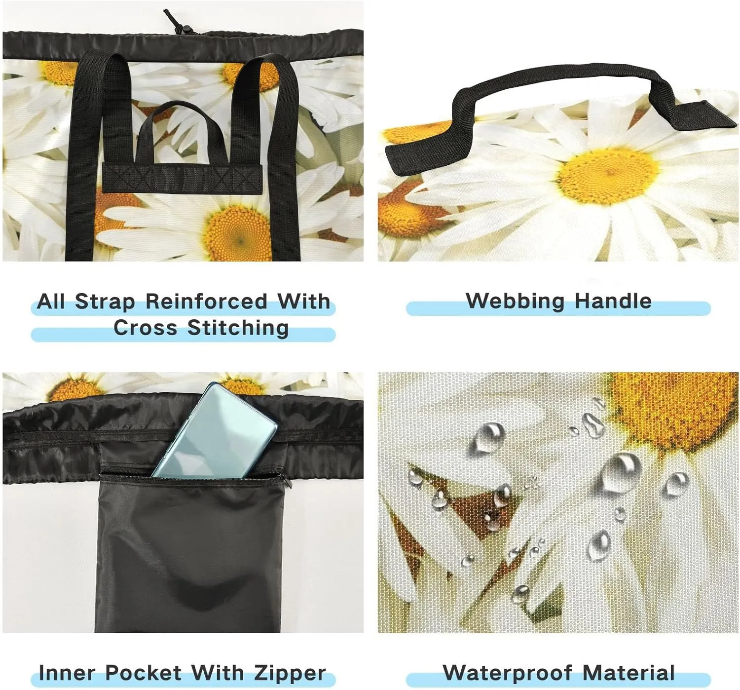 Oyihfvs Seamless White Daisy Flowers Texture Backpack Laundry Bag, Laundry Backpack with Shoulder Straps, Waterproof Nylon Clothes Hamper Bag for Men Women Yoga Backpack