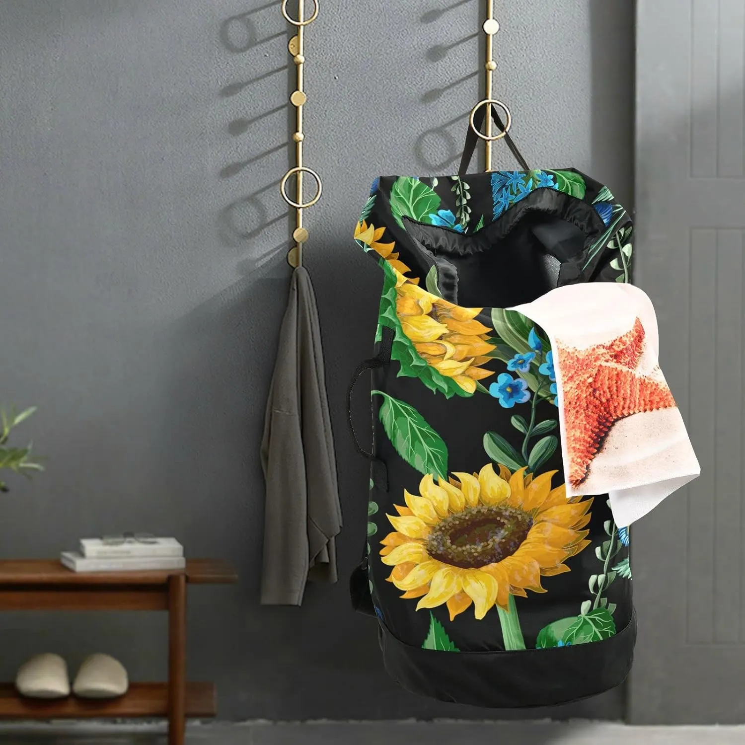 Oyihfvs Seamless Yellow Sunflowers Green Leaves Blue Flowers on Black Backpack Laundry Bag, Laundry Backpack with Shoulder Straps, Waterproof Nylon Clothes Hamper Bag for Men Women Yoga Backpack