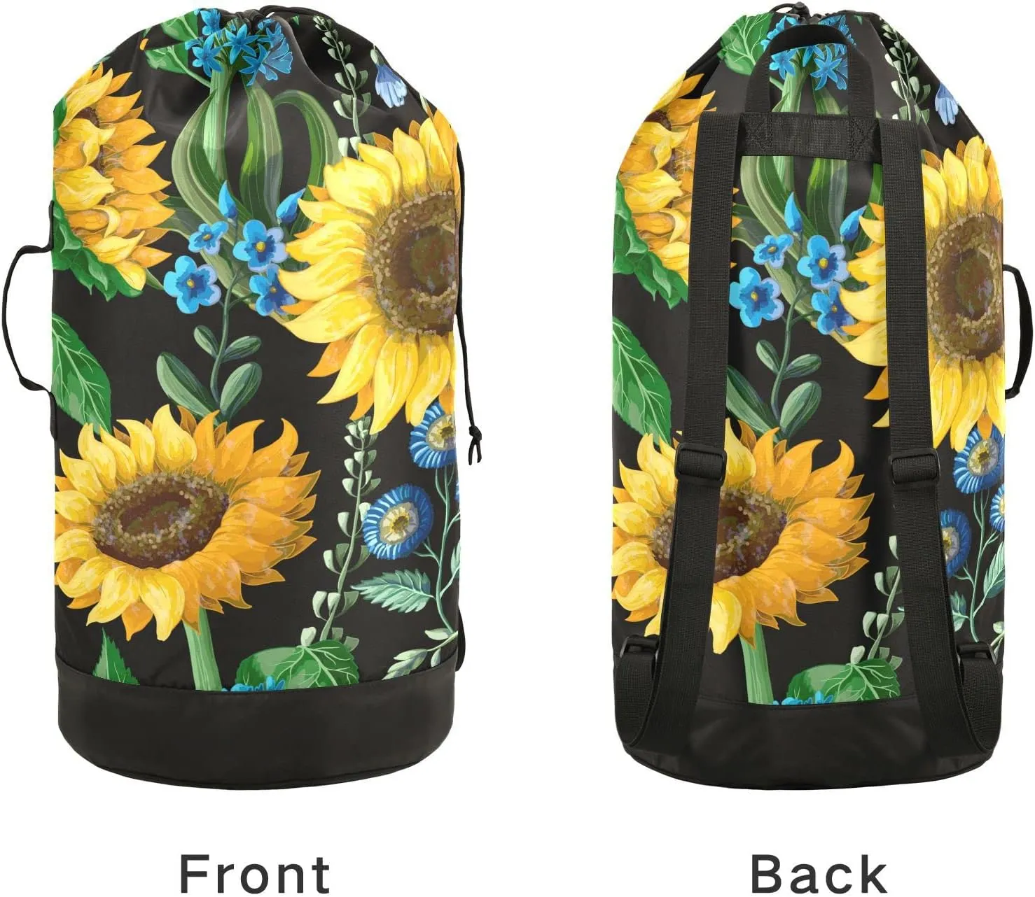 Oyihfvs Seamless Yellow Sunflowers Green Leaves Blue Flowers on Black Backpack Laundry Bag, Laundry Backpack with Shoulder Straps, Waterproof Nylon Clothes Hamper Bag for Men Women Yoga Backpack