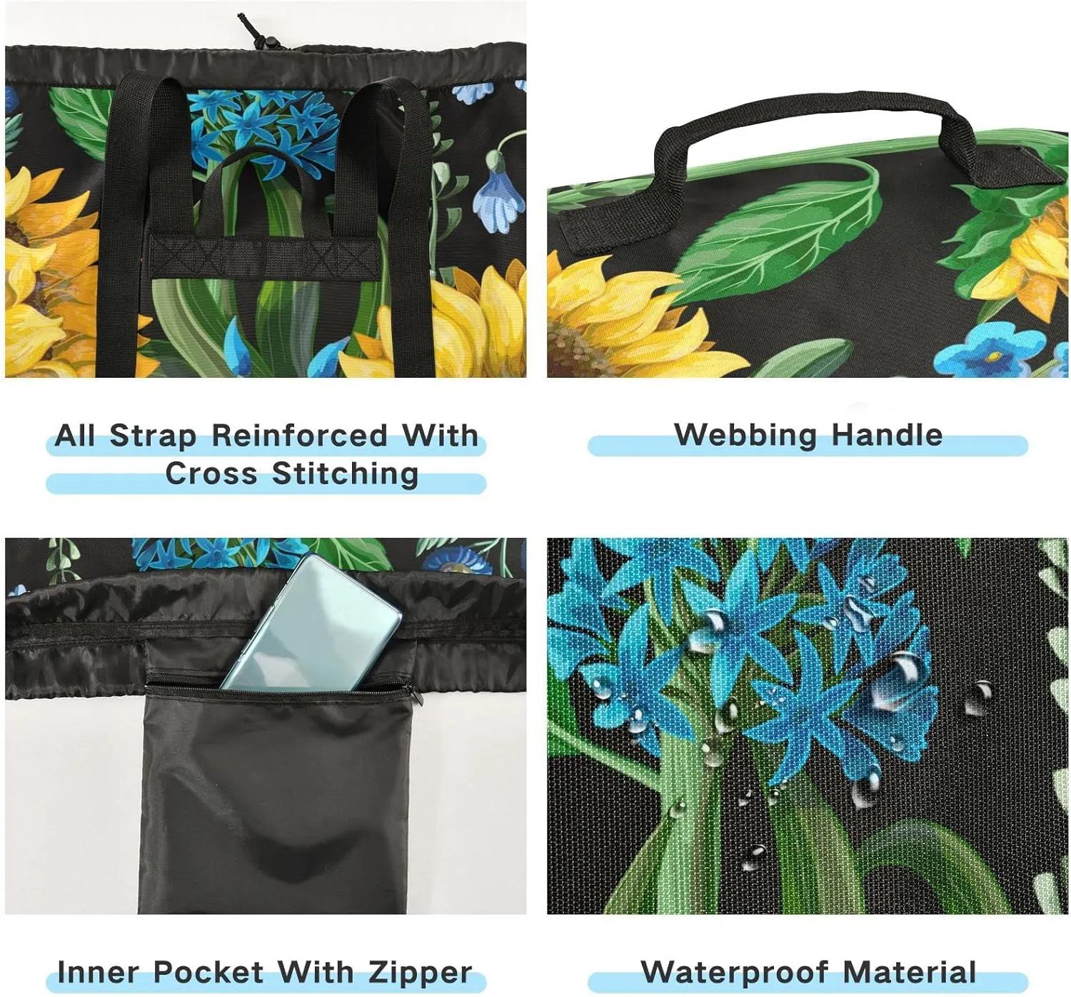 Oyihfvs Seamless Yellow Sunflowers Green Leaves Blue Flowers on Black Backpack Laundry Bag, Laundry Backpack with Shoulder Straps, Waterproof Nylon Clothes Hamper Bag for Men Women Yoga Backpack