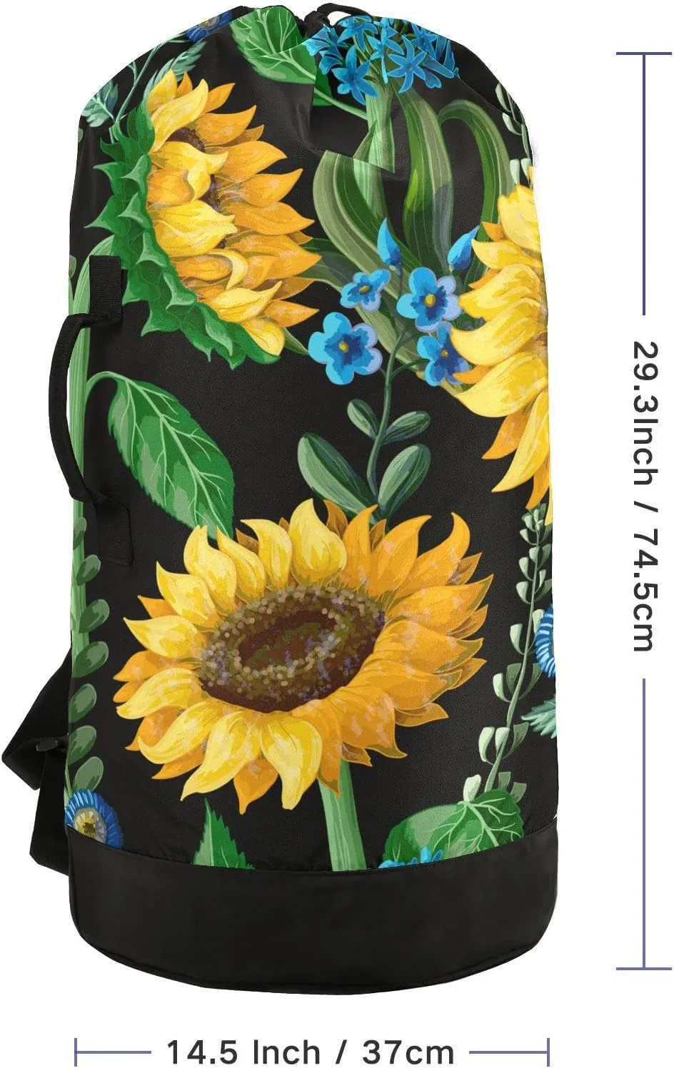 Oyihfvs Seamless Yellow Sunflowers Green Leaves Blue Flowers on Black Backpack Laundry Bag, Laundry Backpack with Shoulder Straps, Waterproof Nylon Clothes Hamper Bag for Men Women Yoga Backpack