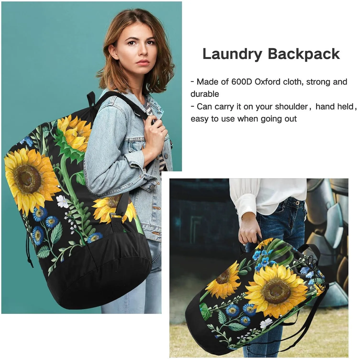 Oyihfvs Seamless Yellow Sunflowers Green Leaves Blue Flowers on Black Backpack Laundry Bag, Laundry Backpack with Shoulder Straps, Waterproof Nylon Clothes Hamper Bag for Men Women Yoga Backpack