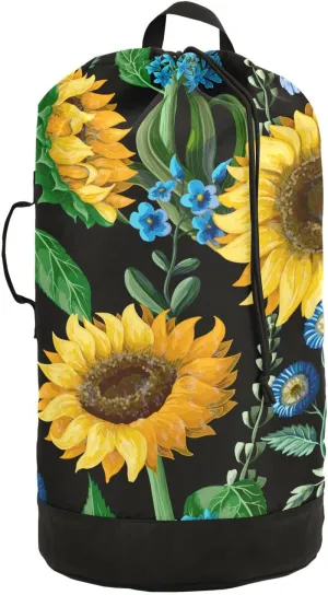 Oyihfvs Seamless Yellow Sunflowers Green Leaves Blue Flowers on Black Backpack Laundry Bag, Laundry Backpack with Shoulder Straps, Waterproof Nylon Clothes Hamper Bag for Men Women Yoga Backpack