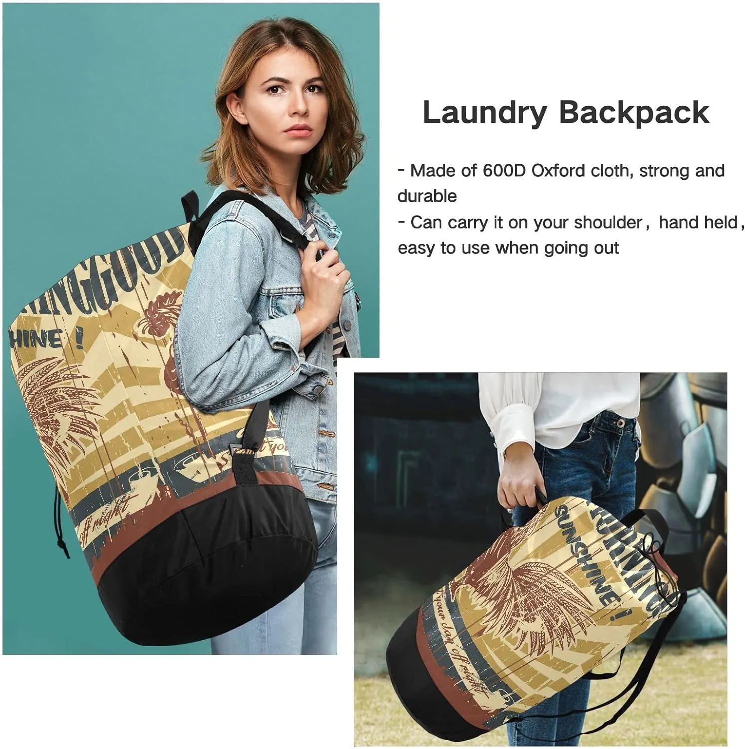 Oyihfvs Vintage Good Morning Sunshine Drawing Rooster Backpack Laundry Bag, Laundry Backpack with Shoulder Straps, Waterproof Nylon Clothes Hamper Bag for Men Women Yoga Backpack