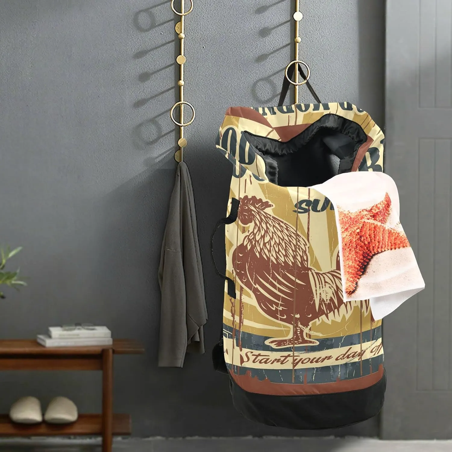 Oyihfvs Vintage Good Morning Sunshine Drawing Rooster Backpack Laundry Bag, Laundry Backpack with Shoulder Straps, Waterproof Nylon Clothes Hamper Bag for Men Women Yoga Backpack