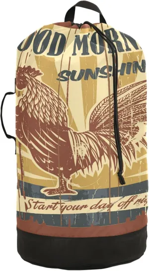 Oyihfvs Vintage Good Morning Sunshine Drawing Rooster Backpack Laundry Bag, Laundry Backpack with Shoulder Straps, Waterproof Nylon Clothes Hamper Bag for Men Women Yoga Backpack