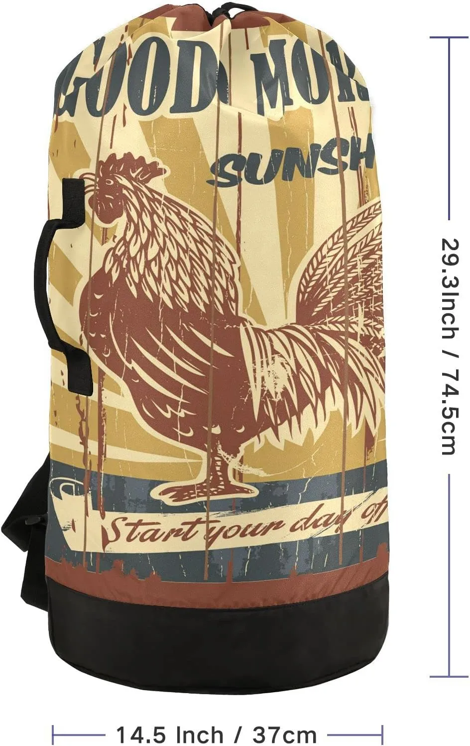 Oyihfvs Vintage Good Morning Sunshine Drawing Rooster Backpack Laundry Bag, Laundry Backpack with Shoulder Straps, Waterproof Nylon Clothes Hamper Bag for Men Women Yoga Backpack