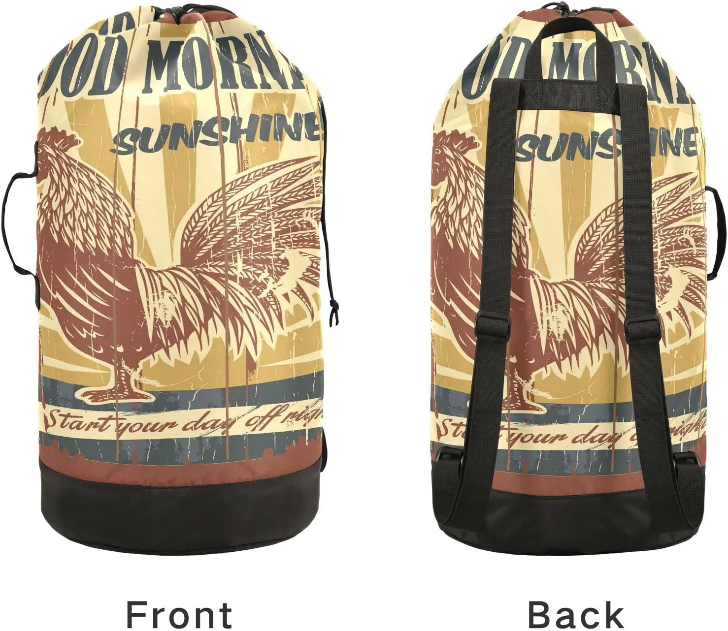 Oyihfvs Vintage Good Morning Sunshine Drawing Rooster Backpack Laundry Bag, Laundry Backpack with Shoulder Straps, Waterproof Nylon Clothes Hamper Bag for Men Women Yoga Backpack