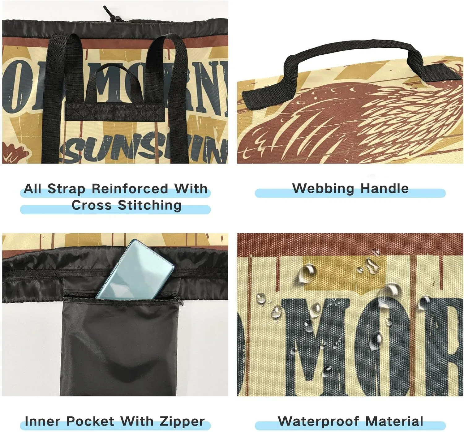 Oyihfvs Vintage Good Morning Sunshine Drawing Rooster Backpack Laundry Bag, Laundry Backpack with Shoulder Straps, Waterproof Nylon Clothes Hamper Bag for Men Women Yoga Backpack