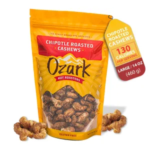 OZARK NUT ROASTERS, Chipotle Roasted Cashews w/Spicy Kick, Flavored Snack Nuts, World-Class Gourmet Candied Peanuts, Resealable Pack (14.0 oz)
