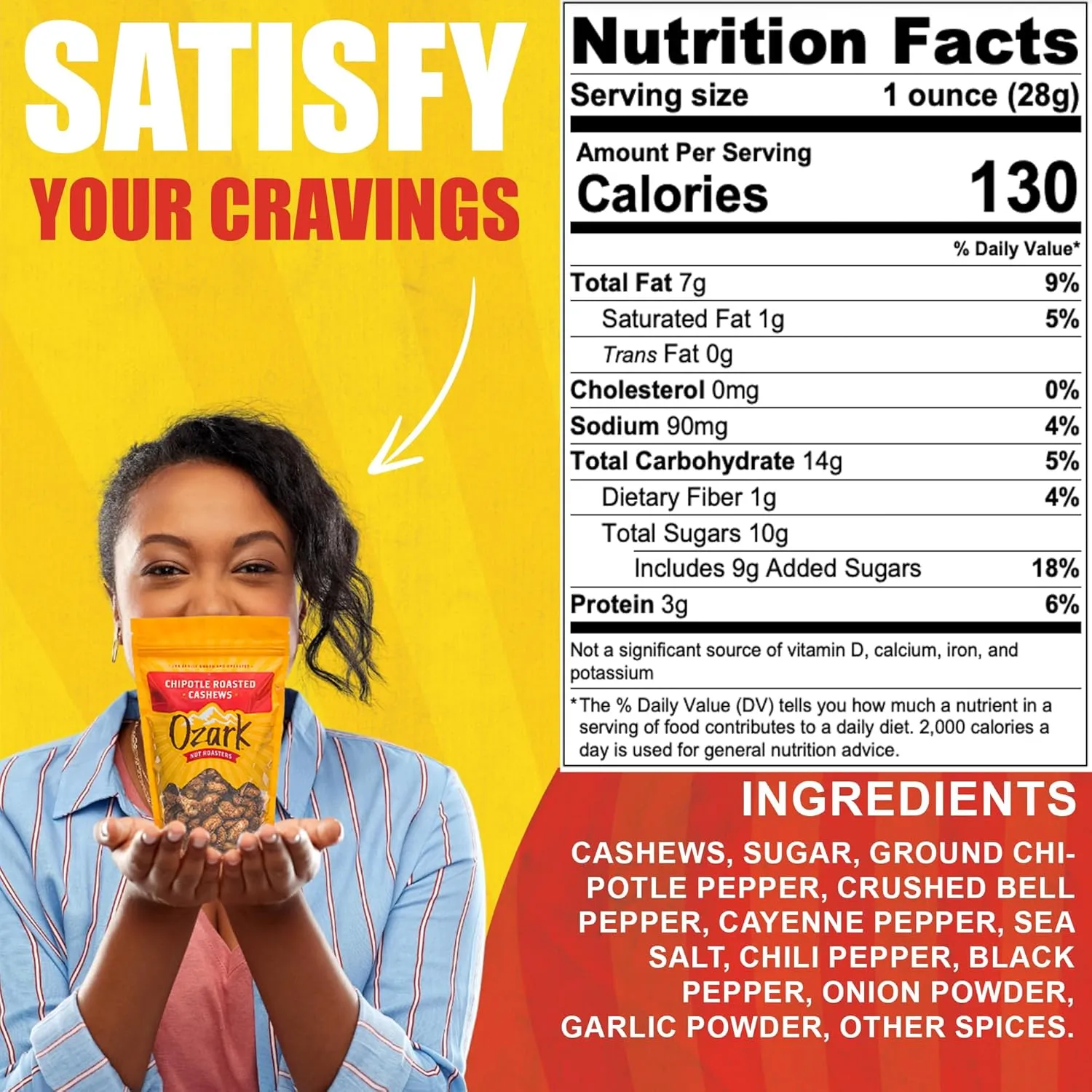 OZARK NUT ROASTERS, Chipotle Roasted Cashews w/Spicy Kick, Flavored Snack Nuts, World-Class Gourmet Candied Peanuts, Resealable Pack (14.0 oz)