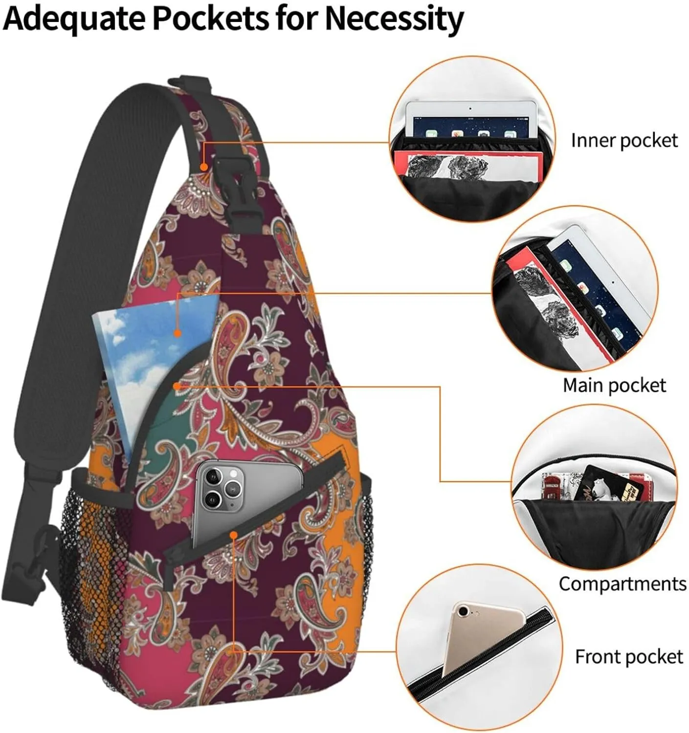Paisley Sling Backpack Chest Bag Crossbody Shoulder Bag Gym Cycling Travel Hiking Daypack For Men Women