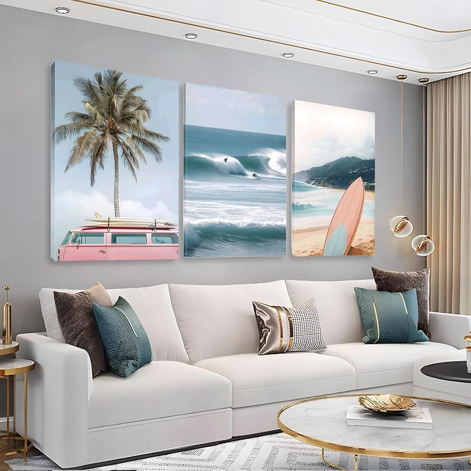 Palm Tree Beach Canvas Wall Art, Ocean Wave Surfing Wall Art, Surfboard Canvas Print, Seascape Wall Decor, Coastal Landscape Prints for Living Room, Bedroom, Dining Room (24" x 36" x 3 pcs)