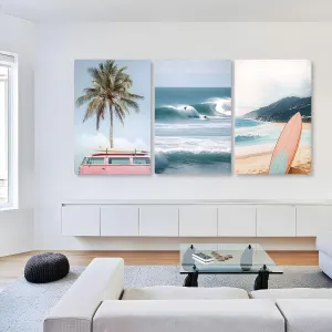Palm Tree Beach Canvas Wall Art, Ocean Wave Surfing Wall Art, Surfboard Canvas Print, Seascape Wall Decor, Coastal Landscape Prints for Living Room, Bedroom, Dining Room (24" x 36" x 3 pcs)