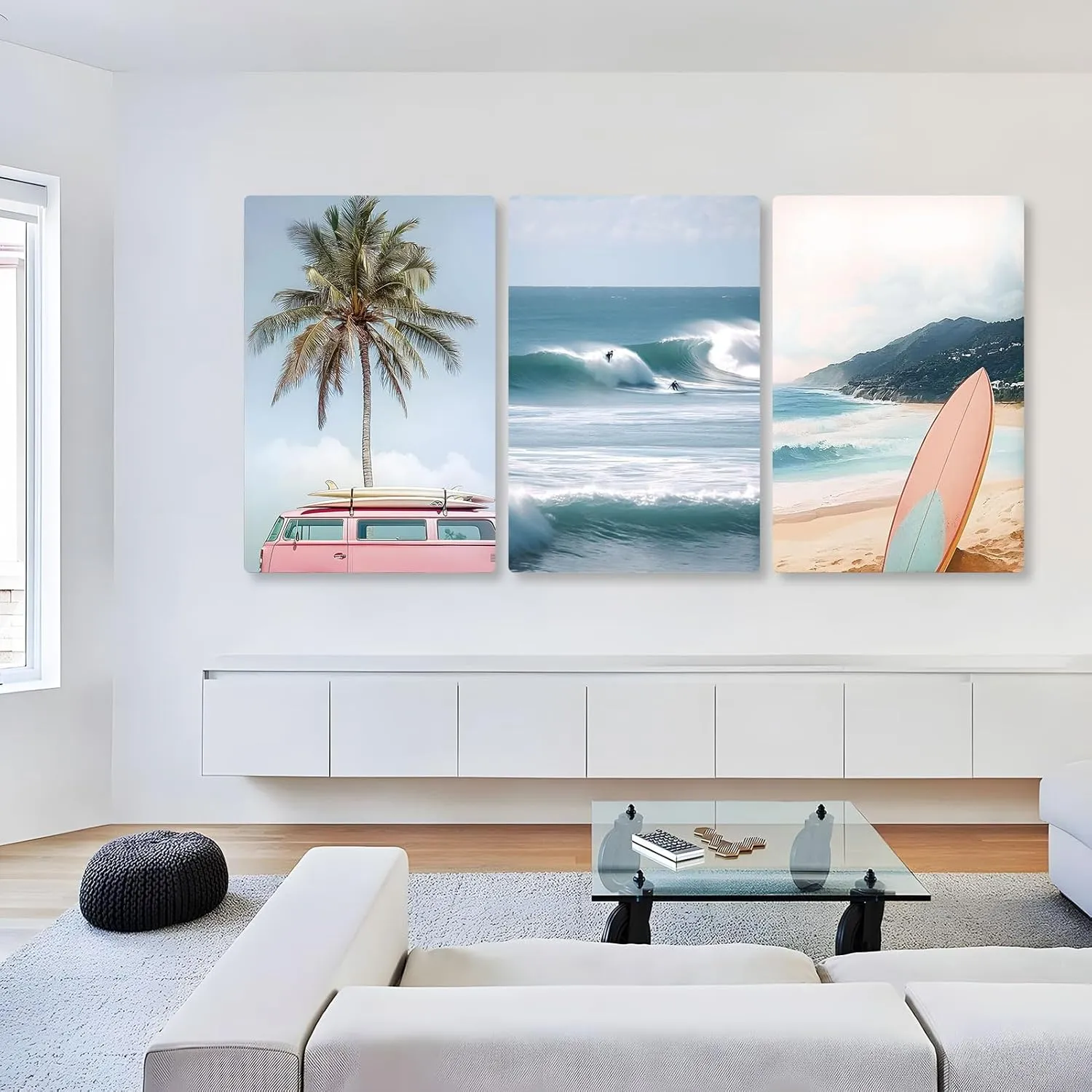 Palm Tree Beach Canvas Wall Art, Ocean Wave Surfing Wall Art, Surfboard Canvas Print, Seascape Wall Decor, Coastal Landscape Prints for Living Room, Bedroom, Dining Room (24" x 36" x 3 pcs)