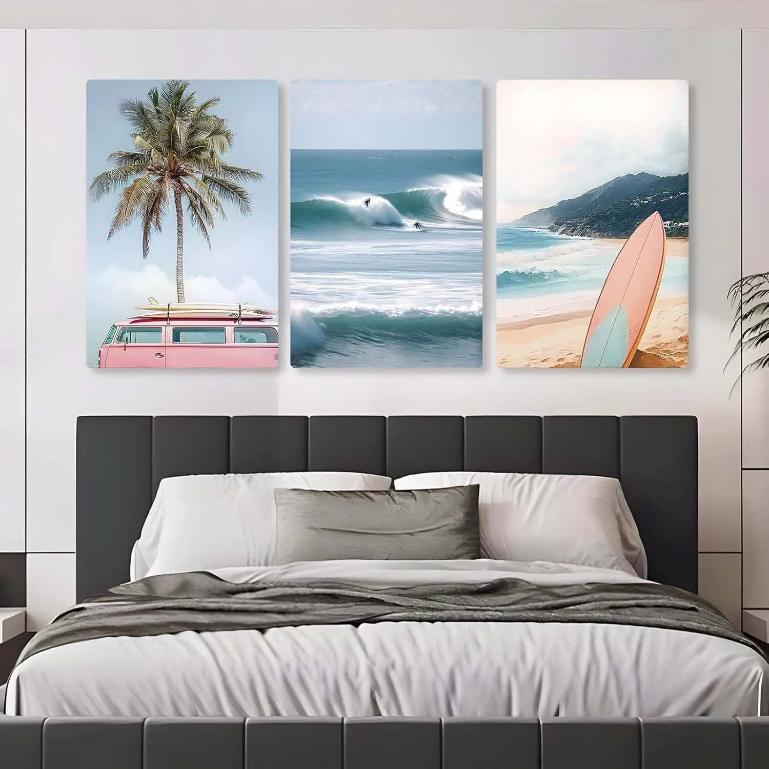 Palm Tree Beach Canvas Wall Art, Ocean Wave Surfing Wall Art, Surfboard Canvas Print, Seascape Wall Decor, Coastal Landscape Prints for Living Room, Bedroom, Dining Room (24" x 36" x 3 pcs)