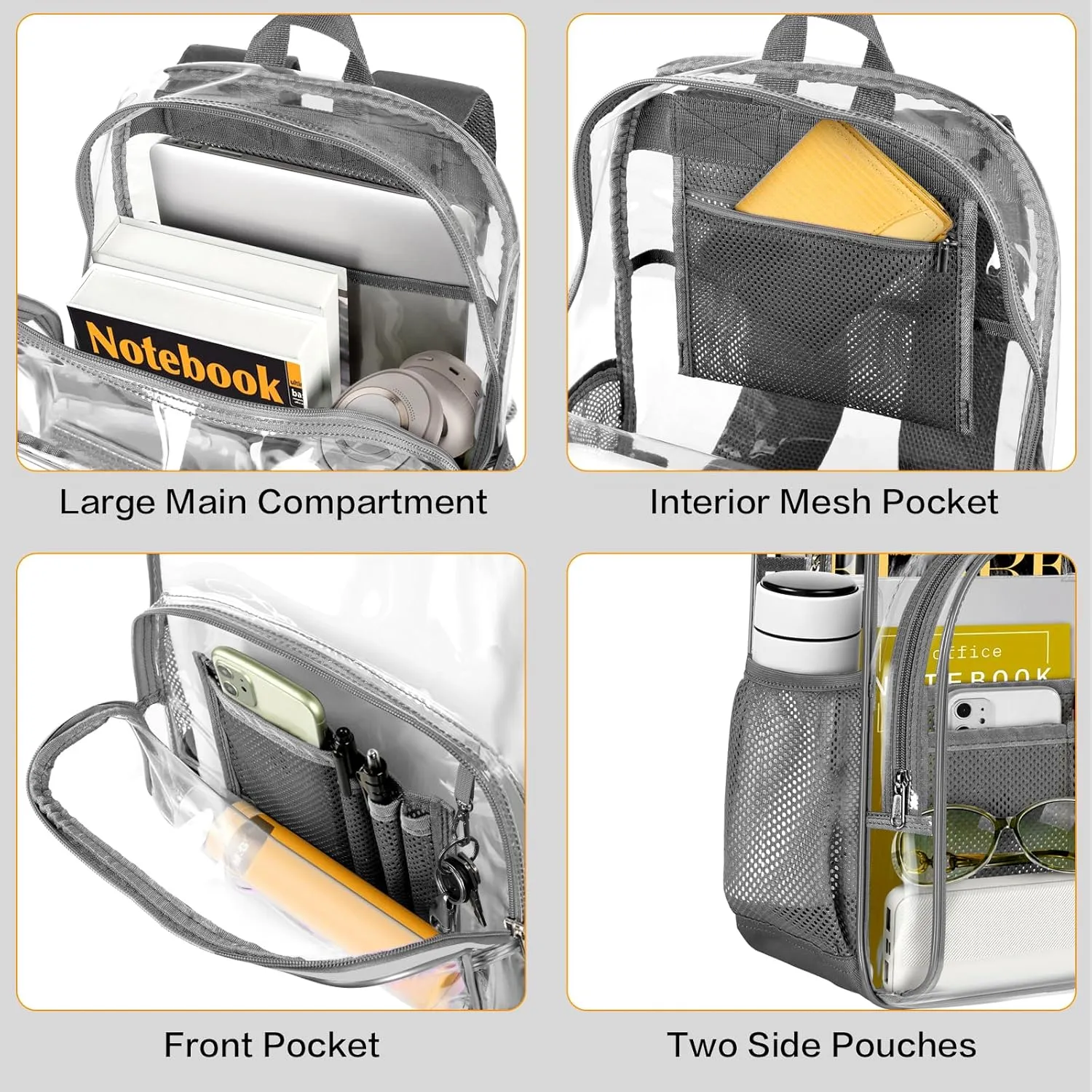 PAMANO Clear Backpack, Heavy Duty Transparent Backpack with Reinforced Bottom See Through for College, Travel, Workplace Security, Gray