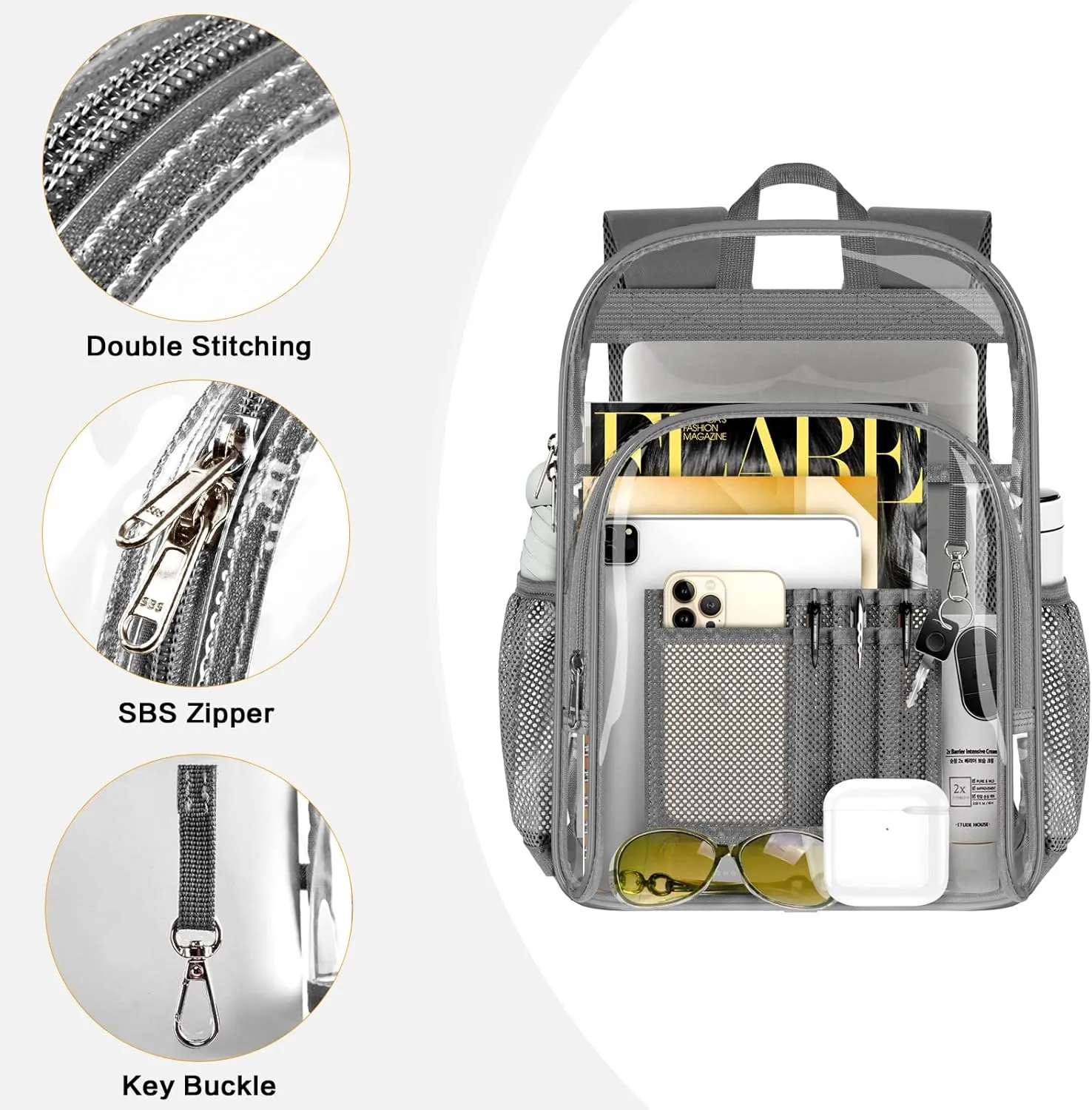 PAMANO Clear Backpack, Heavy Duty Transparent Backpack with Reinforced Bottom See Through for College, Travel, Workplace Security, Gray
